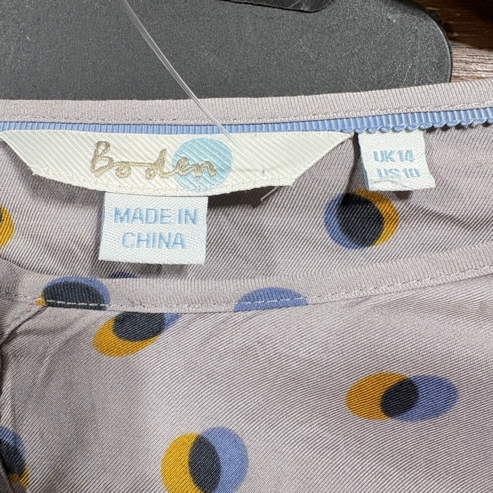 Boden Sz 10  Gray Polka  Dot Ruffle Button Down‎ Blouse Long Sleeve Silk Blend - Picture 10 of 12